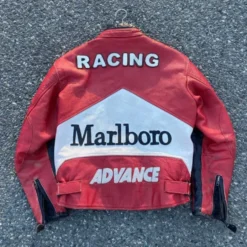 The back of a red and white Marlboro X Yamaha racing jacket with "RACING" and "ADVANCE" text, along with the iconic Marlboro chevron design.