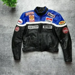 Marlboro x Lucky Strike F1 Racing Leather Jacket in red and white, featuring sponsor patches and a bold racing-inspired design.