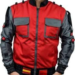 A replica of Marty McFly's "Back to the Future" leather jacket in red and gray, featuring a zip-up front, utility pockets, and button details on the sleeves.