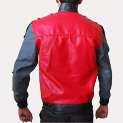 Back view of Marty McFly's "Back to the Future" leather jacket, showcasing a bold red panel and gray sleeves.