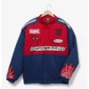 Marvel Spider-Man Racing Jacket Front View with Red and Blue Color Block Design, Spider-Web Details, and Logo Patches.
