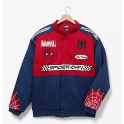 Marvel Spider-Man Racing Jacket Front View with Red and Blue Color Block Design, Spider-Web Details, and Logo Patches.