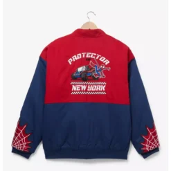 Marvel Spider-Man Racing Jacket Back View with "Protector of New York" Design and Spider-Man Car Graphic.