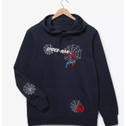 Marvel Spider-Man Racing Jacket featuring red and navy color block design with Spider-Man-themed patches and web details on sleeves.