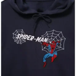 Close-up of Marvel Spider-Man Webs Portrait Hoodie showcasing detailed Spider-Man embroidery and web patterns.