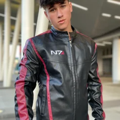 Mass Effect N7 Jacket - Front View, featuring black leather with red detailing and the N7 logo.