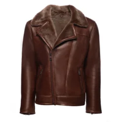 Brown shearling biker bomber jacket with a plush fur collar and zipper closure.