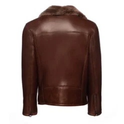Back view of the brown shearling biker bomber jacket with a smooth leather finish.