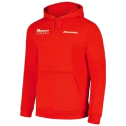 Front view of the McLaren F1 Team Monaco Heritage Red Hoodie featuring the team's logo and design elements.