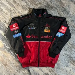 McLaren Mercedes embroidered jacket front view with sponsor logos including Vodafone, Santander, SAP, and Mobil.