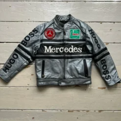 McLaren Mercedes leather jacket front view featuring Mercedes, Hugo Boss, and Castrol logos with a stylish racing-inspired design.
