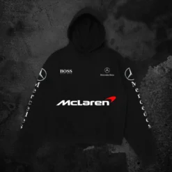 McLaren Racer Oversized Hoodie front view featuring McLaren, Mercedes-Benz, Hugo Boss logos on a sleek black design with racing-inspired details.