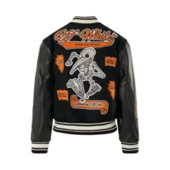Men's Off White varsity jacket back view, showcasing a skeleton graphic, embroidered text, and orange details on a black wool body with black leather sleeves.