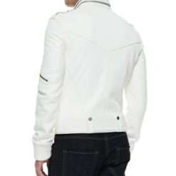 Back view of men’s biker-style genuine leather jacket in white, showcasing stylish stitching and buttoned waist details.