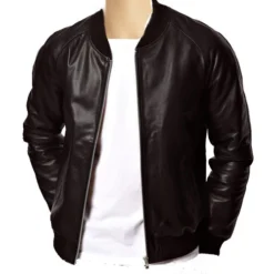 Men’s black bomber leather jacket front view with a sleek, modern fit and ribbed cuffs.