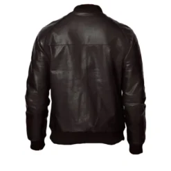 Men’s black bomber leather jacket back view showcasing a clean, minimalist design with ribbed hem detailing.