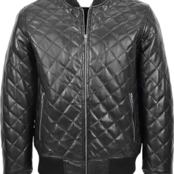 Men’s black quilted leather jacket with a front zipper closure, ribbed collar, cuffs, and hem, featuring a diamond-stitched pattern.