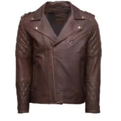 Men's brown biker leather jacket with quilted sleeves, asymmetrical zipper, and classic lapel collar.