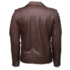 Rear view of a men's brown biker leather jacket featuring quilted paneling and a sleek leather finish.