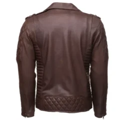 Rear view of a men's brown biker leather jacket featuring quilted paneling and a sleek leather finish.
