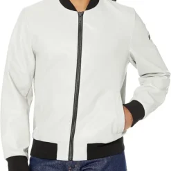 Men's DKNY Bomber Jacket in white with black collar, cuffs, and waistband.