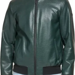 Men’s DKNY Bomber Leather Jacket - Front view showing sleek design with a zipper closure, ribbed cuffs, and collar.