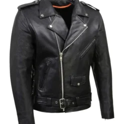 Men’s Genuine Leather Classic Biker Jacket - Front view showing zip-up closure, asymmetrical design, and bold detailing.