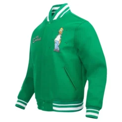 Front view of Men’s Homer Simpson Kelly Green Varsity Jacket with vibrant green body, white sleeves, and stylish button closure.