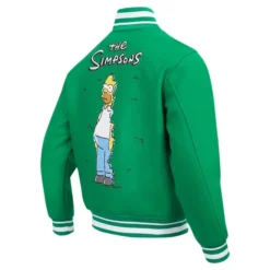 Back view of Men’s Homer Simpson Kelly Green Varsity Jacket showcasing a bold Homer Simpson design.