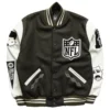 Men’s Politics Olive NFL Origins Letterman Jacket 7 Men’s Politics Olive NFL Origins Letterman Jacket – Front View featuring premium wool-blend fabric, embroidered NFL patches, and ribbed collar, cuffs, and hem.