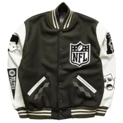 Men’s Politics Olive NFL Origins Letterman Jacket – Front View featuring premium wool-blend fabric, embroidered NFL patches, and ribbed collar, cuffs, and hem.