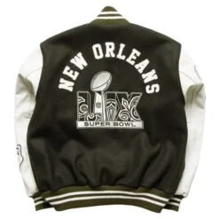 Men’s Politics Olive NFL Origins Letterman Jacket – Back View showcasing bold NFL emblem embroidery and vintage-inspired detailing.