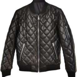 Men’s Premium Black Quilted Jacket – Front View, featuring a sleek design with a high collar and zip closure.