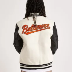 Men's Pro Standard Baltimore Orioles Varsity Jacket – Back View, showcasing large embroidered Orioles graphics for a standout look.