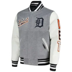 A stylish gray Detroit Tigers Script Jacket with a sleek design, featuring bold embroidered team lettering across the chest.