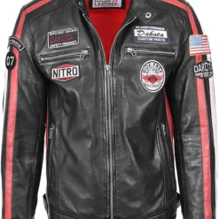 Men's Real Leather Biker Racing Badges Jacket with zipper closure and embroidered patches.