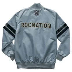Men’s Roc Nation Gray Super Bowl LIX Satin Jacket – Back View, showcasing bold graphics and a sleek satin finish.
