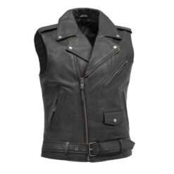 Men’s Rockin Biker Leather Vest – premium black leather, sleek design with front button closure and deep pockets for a rugged, stylish look.