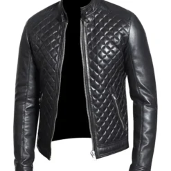 Men's Slim Fit Quilted Biker Leather Jacket with front zipper closure and diamond-stitched pattern.