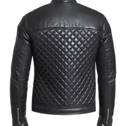 Back view of Men's Slim Fit Quilted Biker Leather Jacket featuring a diamond quilted pattern and sleek black leather design.