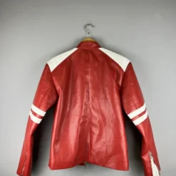 Stylish men’s streetwear leather jacket with a contoured back and edgy paneling.