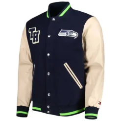 Front view of the Men’s Tommy Hilfiger College Seattle Seahawks Varsity Jacket, featuring team branding, ribbed cuffs, and a classic varsity design.
