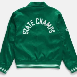 Mia Goth MaXXXine green satin jacket back view with "State Champs" lettering.