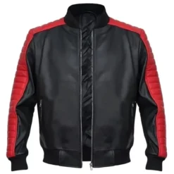 Black and red leather jacket inspired by Miami Vice Stunt Team, worn by Ryan Gosling, featuring quilted red sleeves and a front zipper closure.