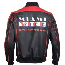 Black and red Miami Vice Stunt Team leather jacket with bold "Miami Vice Stunt Team" text on the back.