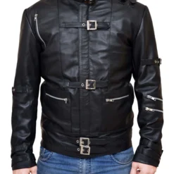 Michael Jackson Bad Jacket front view featuring black leather with silver zippers and buckle straps.