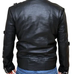 Michael Jackson Bad Jacket back view showcasing smooth black leather with adjustable straps.
