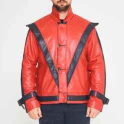 Michael Jackson Red Thriller Leather Jacket with iconic V-shaped black accents on the chest, worn by a male model.