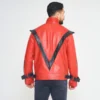 Rear view of the Michael Jackson Red Thriller Leather Jacket featuring a bold black V-shaped design and a stylish stand-up collar.