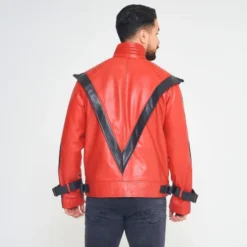 Rear view of the Michael Jackson Red Thriller Leather Jacket featuring a bold black V-shaped design and a stylish stand-up collar.